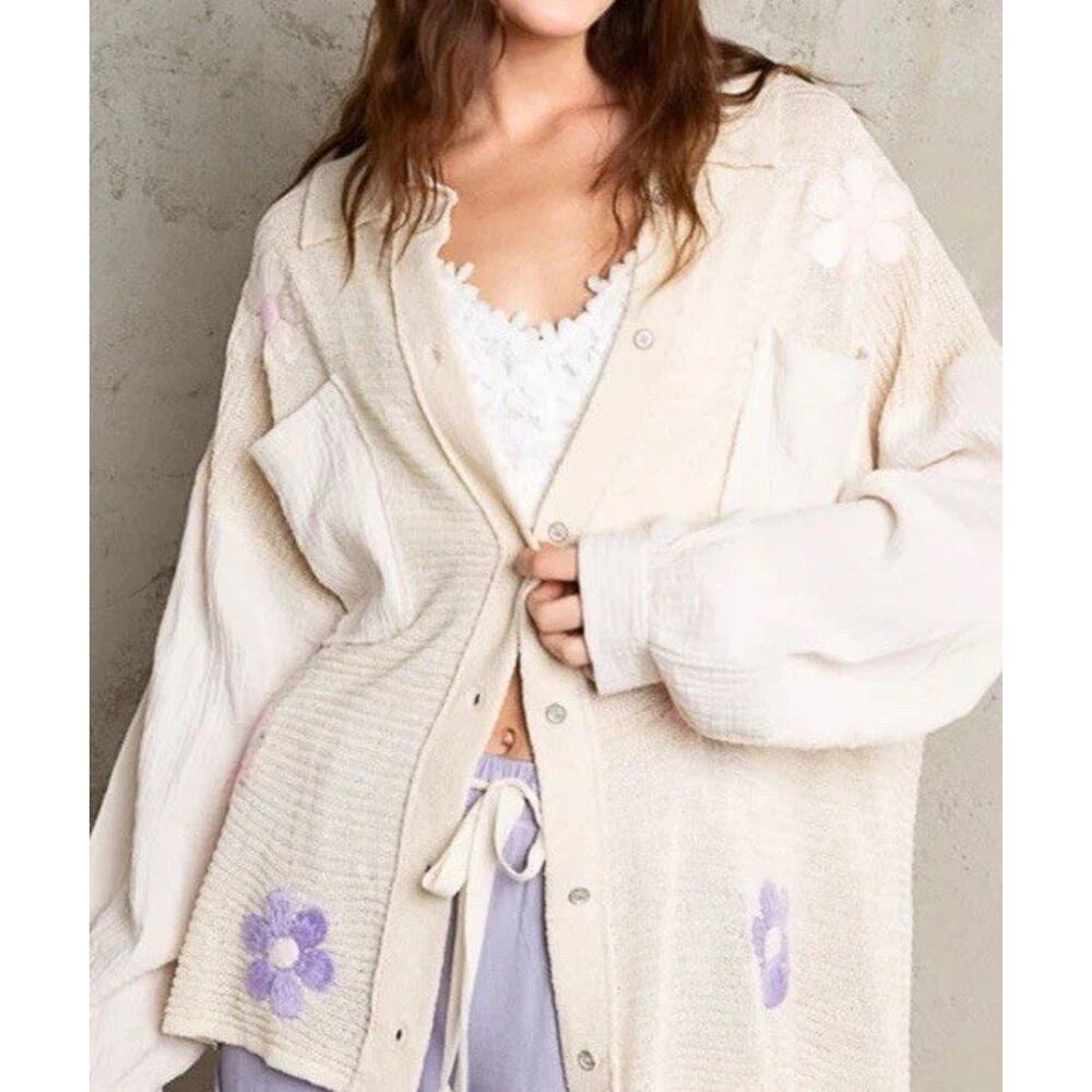 POL Embroidered Floral Boho Shacket Jacket Prairiecore Oversize Y2K Blouse Sz M
